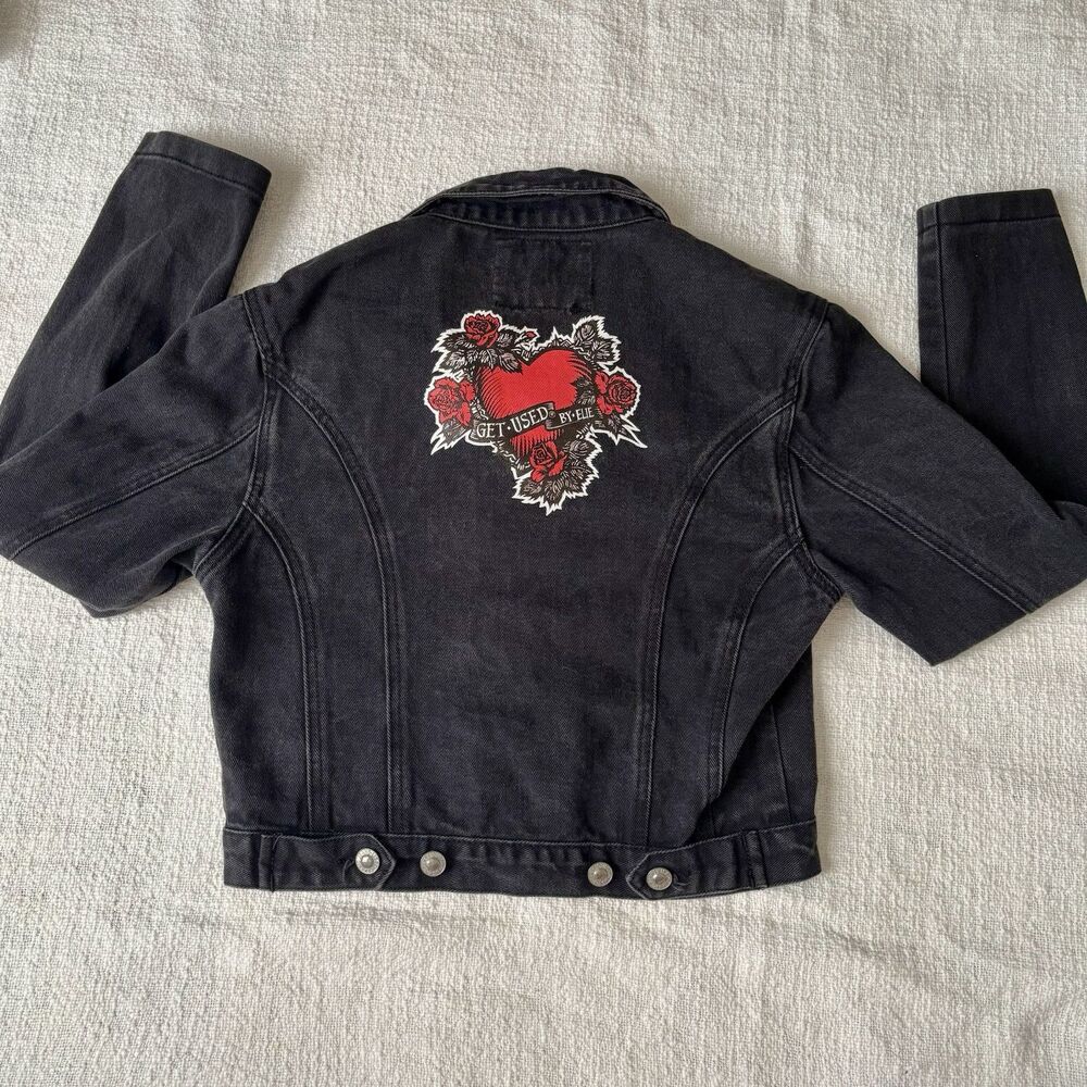 Vintage Women's embroidered patch emo Punk biker Black Denim Moto Jacket Sz M